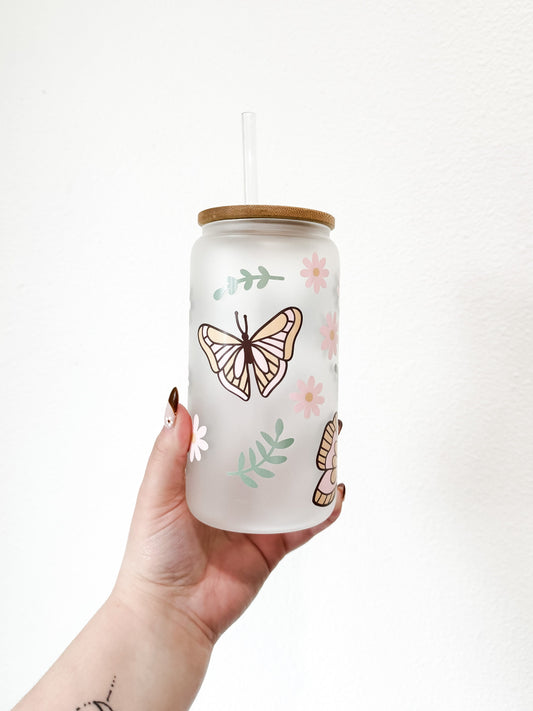 Boho Butterfly Glass Cup | 16oz