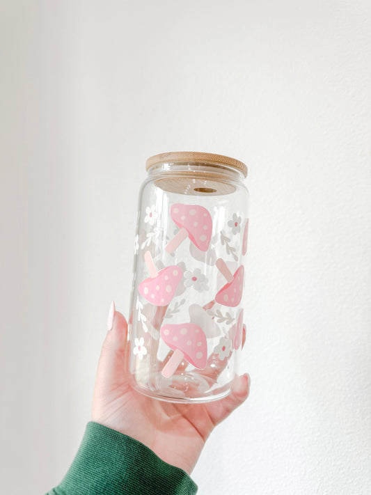 Boho Pink Mushroom Glass Cup | 16oz